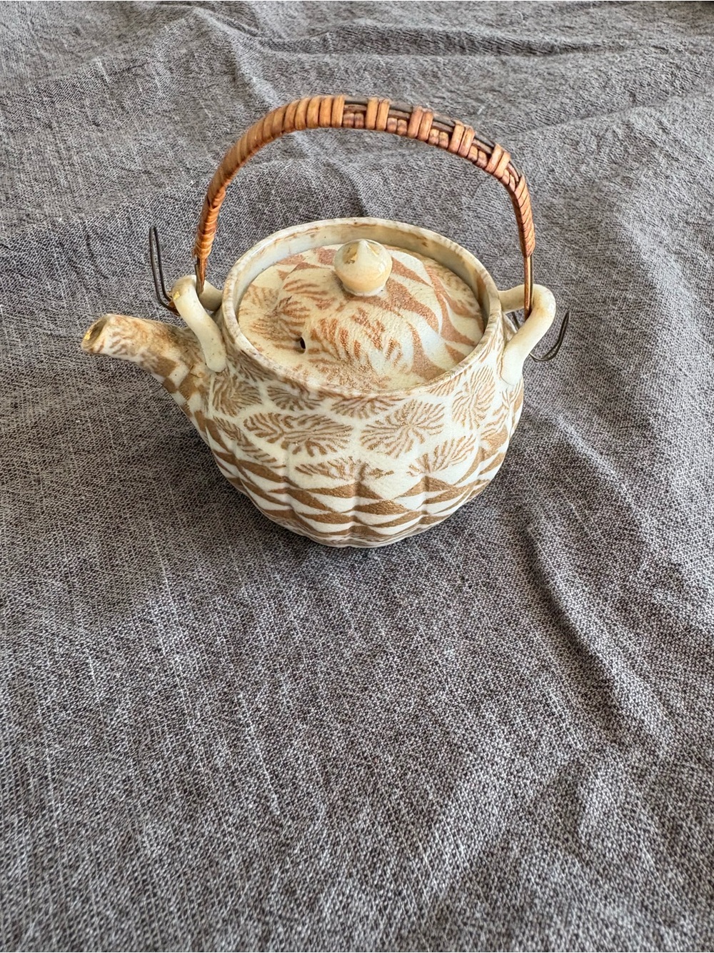 Handcrafted Ceramic Teapot in Cream and Brown with Woven Handle
